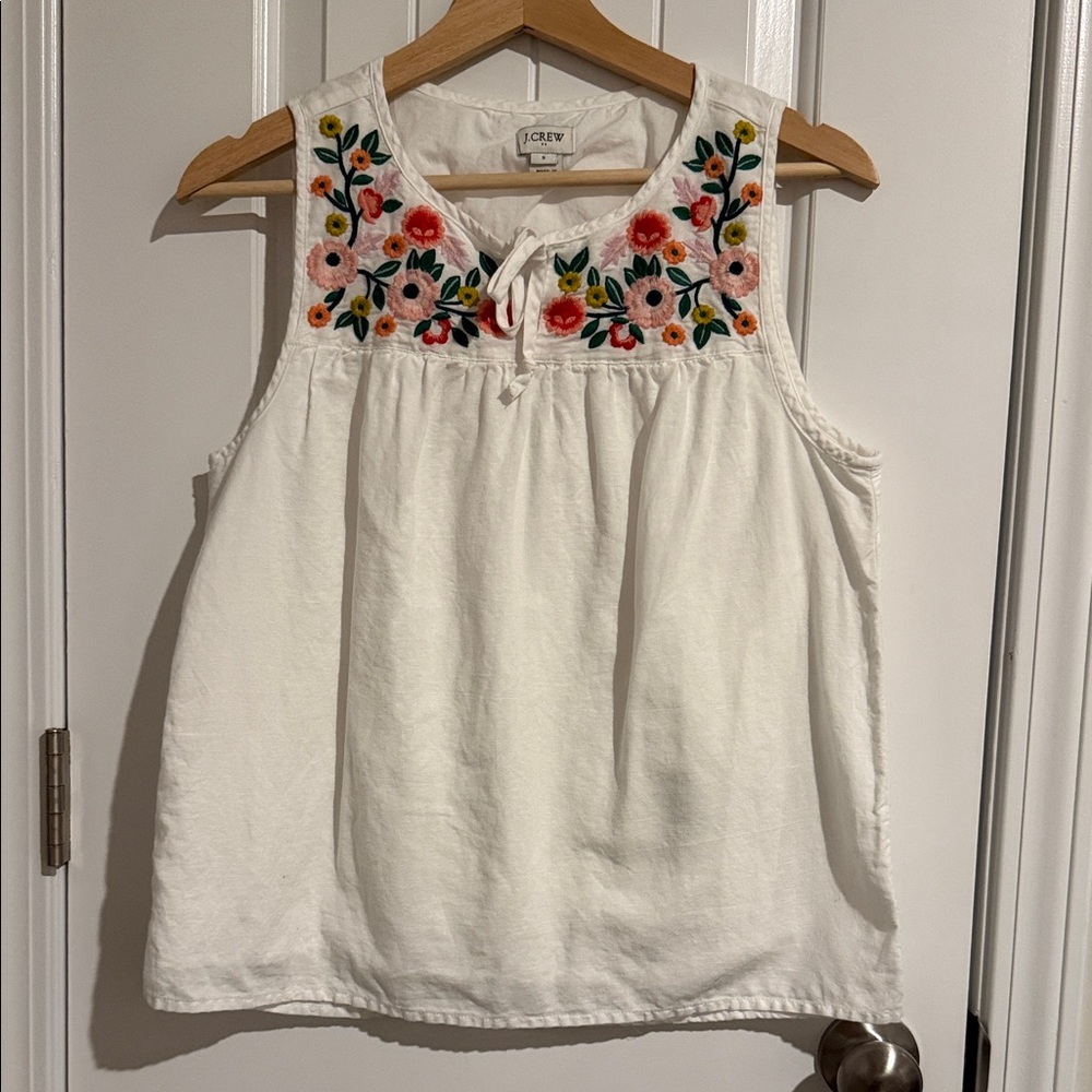 J. Crew White Sleeveless Embroidered Floral Yoke Camisole